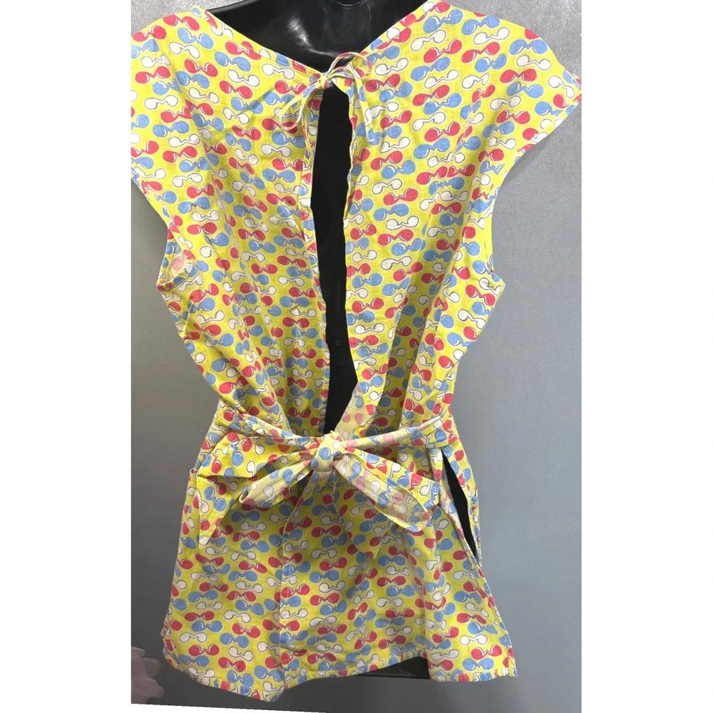 Vintage 1960s Yellow Novelty Print Smock Apron Front Pockets Tie Back Retro MCM